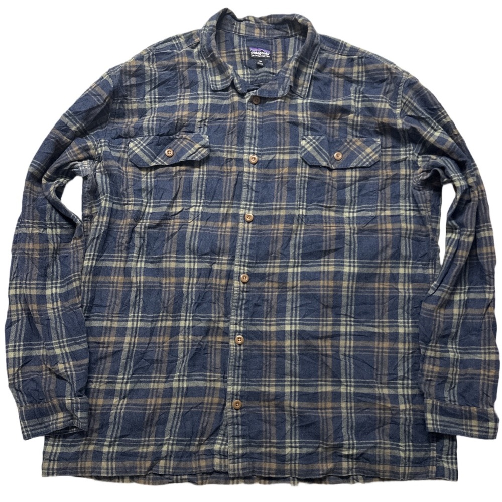 PATAGONIA men's navy/brown plaid thick flannel button down longsleeve shirt, XXL